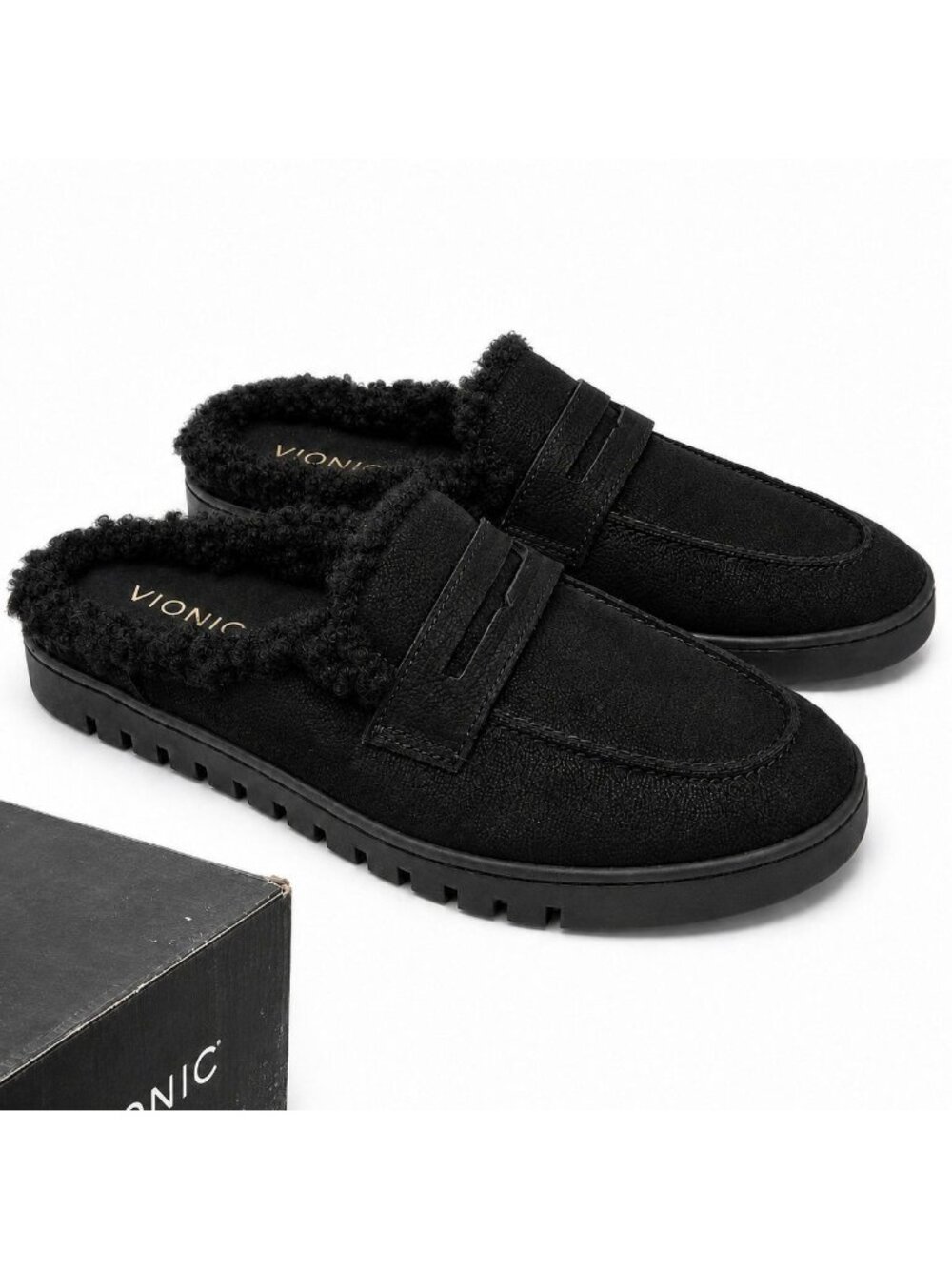 Vionic Uptown Supportive Women's 8.5 WIDE Black Nubuck Faux Fur Mules Slip On